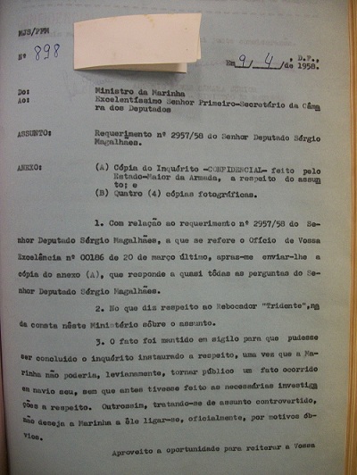 Documento enviado pelo ministro da Marinha Brasileira ao deputado Sérgio Magalhães (Foto: Alexandre Borges)