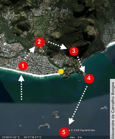 Vista aérea do local do alegado avistamento do UFO na Barra da Tijuca. Os pontos em vermelho indicam a trajetória do UFO e onde foram conseguidas as fotos. O ponto em amarelo indica o local onde Ed Keffel e João Martins estavam no momento do avistamento. Foto: Google Earth