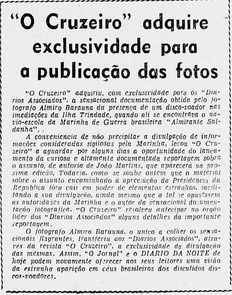 Diários Associados emite nota explicando o furo do Correio da Manhã e a aquisição do direito das fotografias do “disco voador”