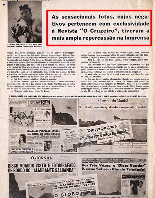 Edição de 08 de março de 1958 da revista O Cruzeiro. A publicação confirma que é detentora dos negativos do “disco voador”